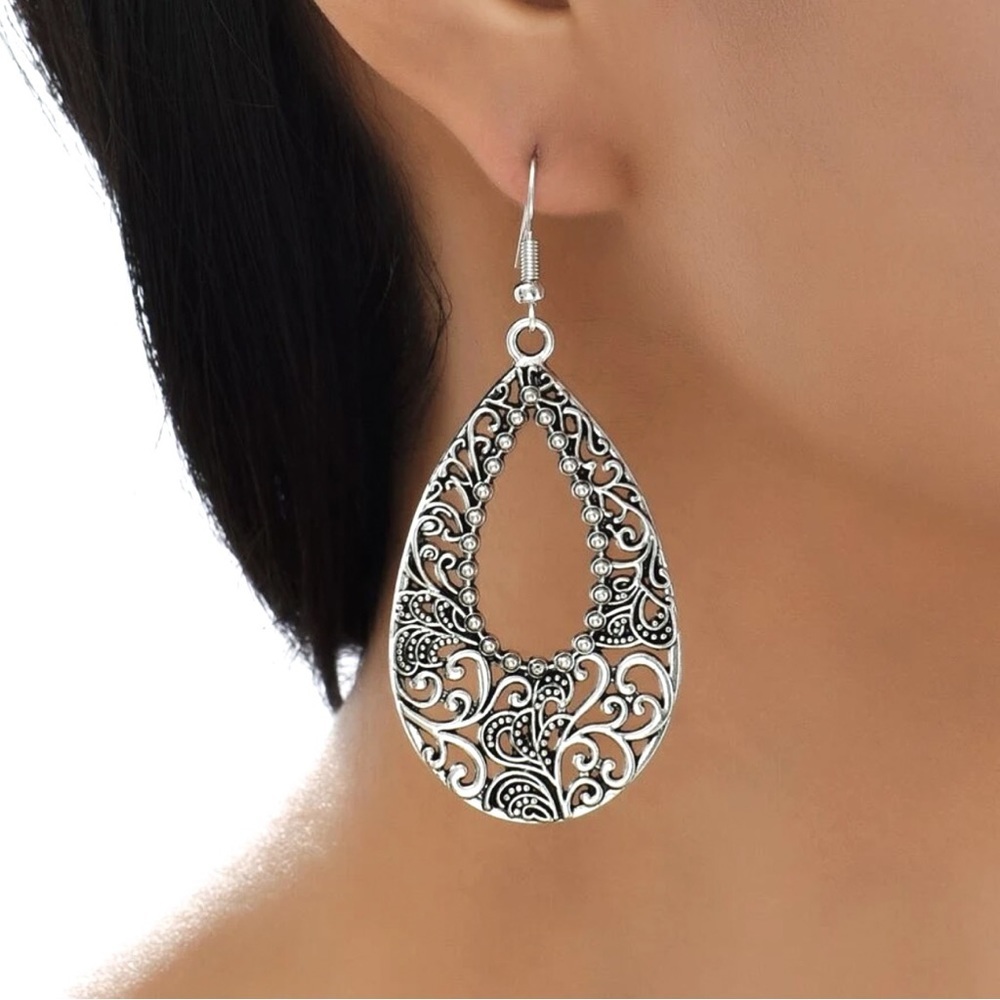 Any 4/$25! Silver Intricate Boho Teardrop Statement Earrings - Picture 2 of 6